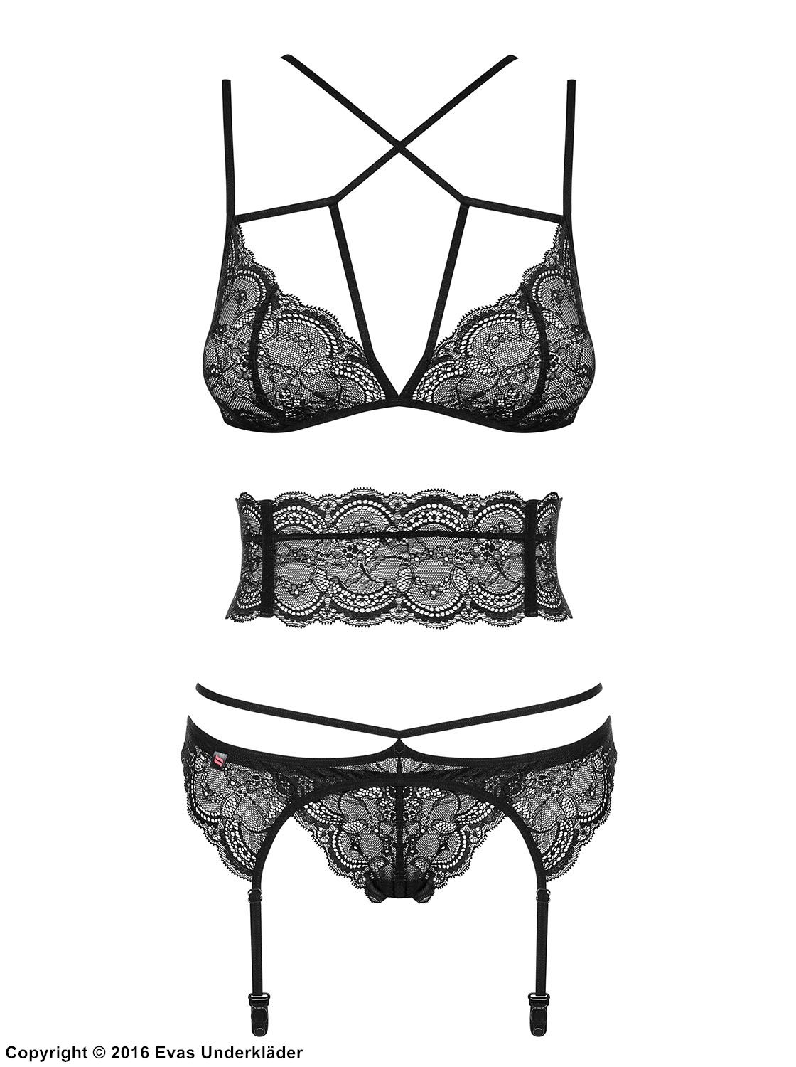 Seductive lingerie set, lace, crossing straps, belt